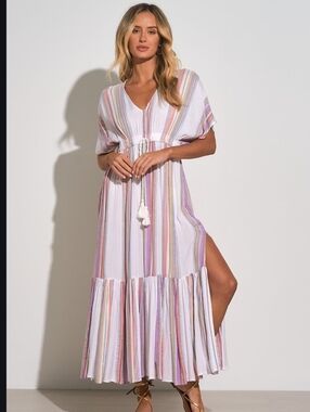 Elan Pastel Stripe Maxi Dress in Cream with Pink, Yellow, Green, Blue